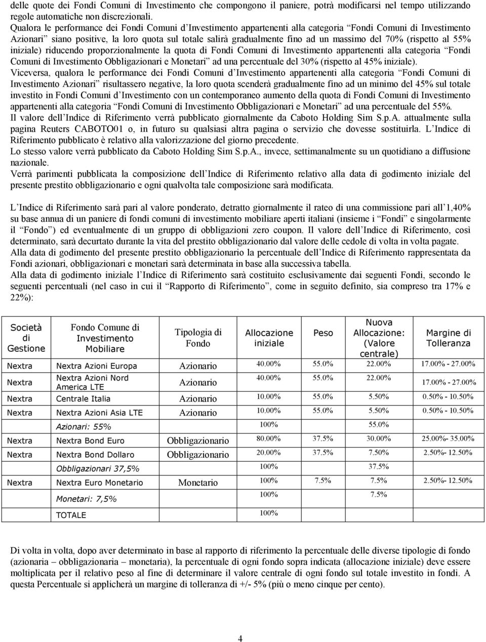 massimo del 70% (rispetto al 55% iniziale) riducendo proporzionalmente la quota di Fondi Comuni di Investimento appartenenti alla categoria Fondi Comuni di Investimento Obbligazionari e Monetari ad