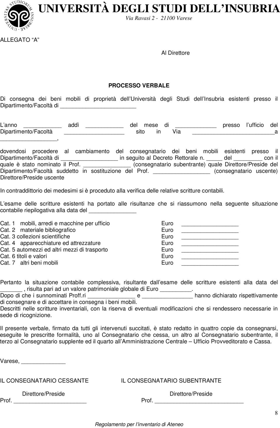 del con il quale è stato nominato il Prof. (consegnatario subentrante) quale Direttore/Preside del Dipartimento/Facoltà suddetto in sostituzione del Prof.