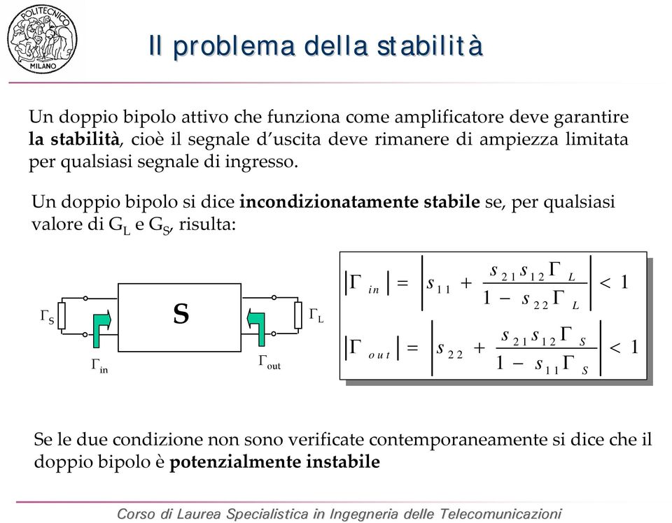 Un doppio bipolo i dice incondizionatamente tabile e, per qualiai valore di G e G, riulta: in out in + < out + < e le