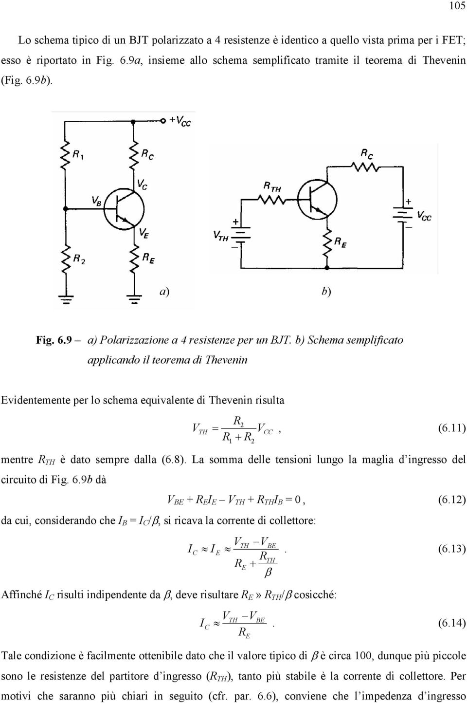 b) Schema semplificato applicando il teorema di Thevenin Evidentemente per lo schema equivalente di Thevenin risulta V R =, (6.11) 2 TH V CC R1 + R2 mentre R TH è dato sempre dalla (6.8).