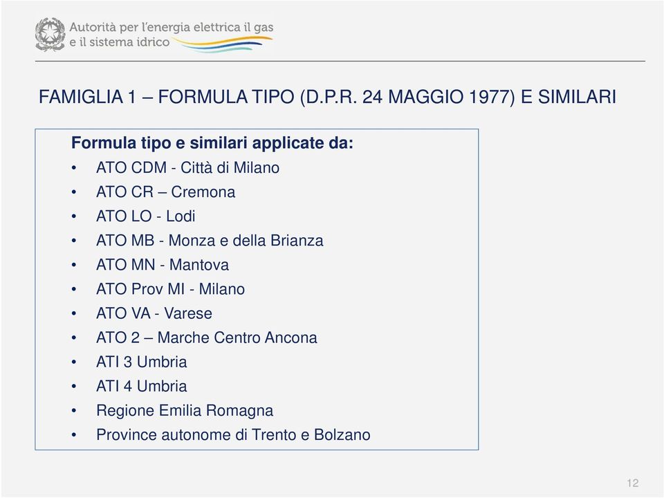 24 MAGGIO 1977) E SIMILARI Formula tipo e similari applicate da: ATO CDM - Città di