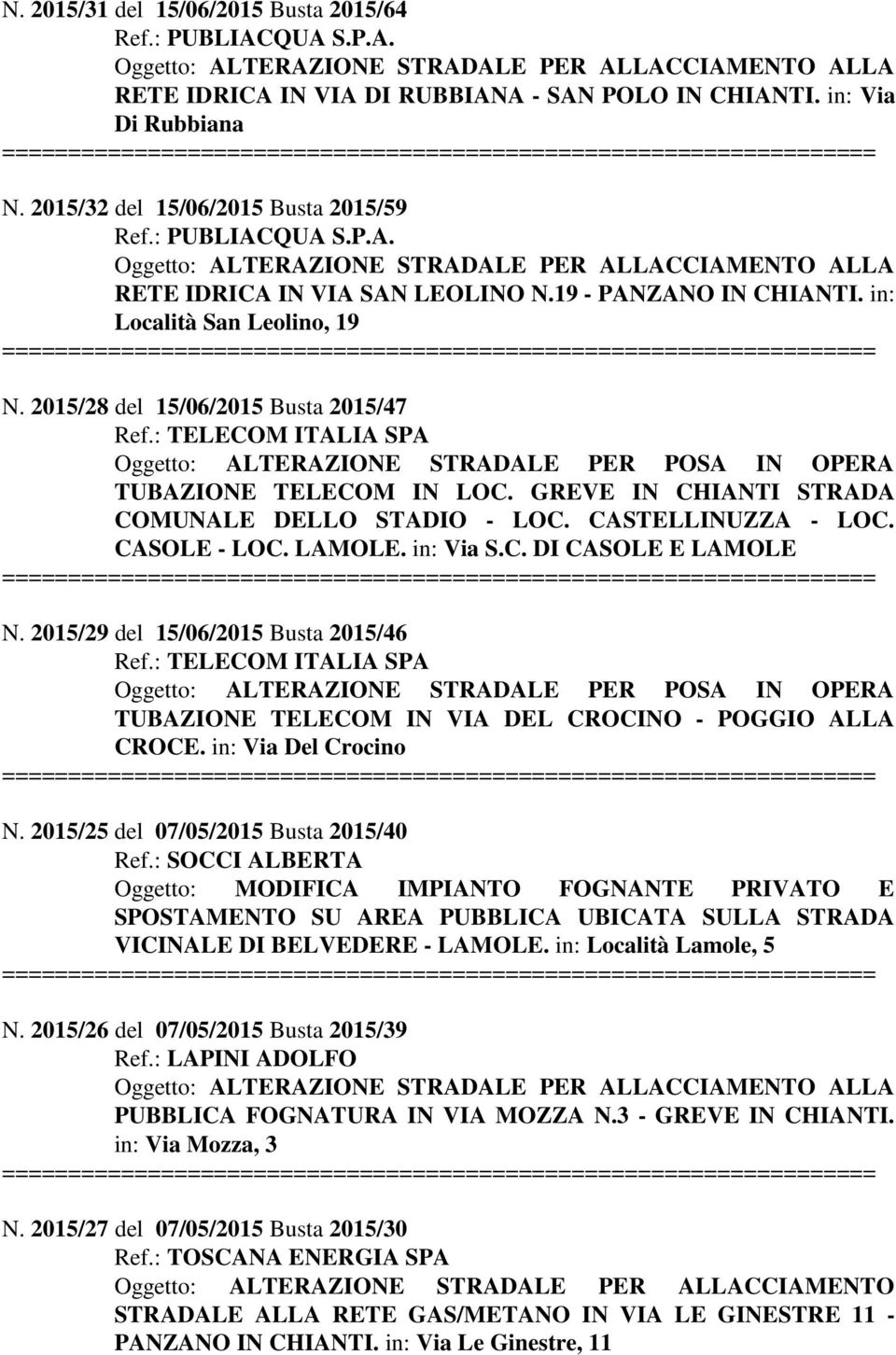 2015/28 del 15/06/2015 Busta 2015/47 Oggetto: ALTERAZIONE STRADALE PER POSA IN OPERA TUBAZIONE TELECOM IN LOC. GREVE IN CHIANTI STRADA COMUNALE DELLO STADIO - LOC. CASTELLINUZZA - LOC. CASOLE - LOC.