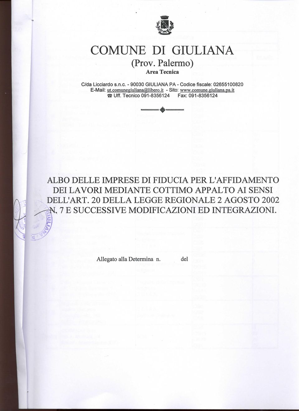 Tecnico 091-8356124 Fax: 091-8356124 ALBO DELLE MPRESE D FDUCA PER L'AFFDAMENTO DE LAVOR MEDANTE COTTMO