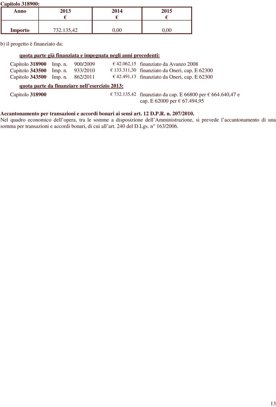 E 62300 quota parte da finanziare nell esercizio 2013: Capitolo 318900 732.135,42 finanziato da cap. E 66800 per 664.640,47 e cap. E 62000 per 67.