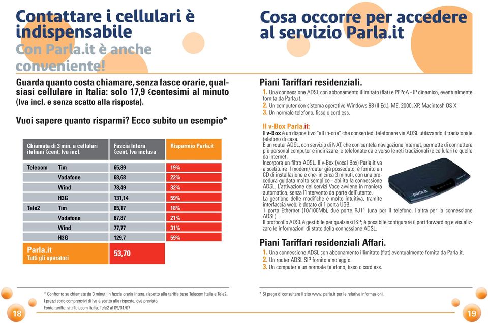 Telecom Tele2 Tim Vodafone Wind H3G Tim Vodafone Wind H3G Parla.it Tutti gli operatori Fascia Intera cent, Iva inclusa 65,89 68,68 78,49 131,14 65,17 67,87 77,77 129,7 53,70 Risparmio Parla.