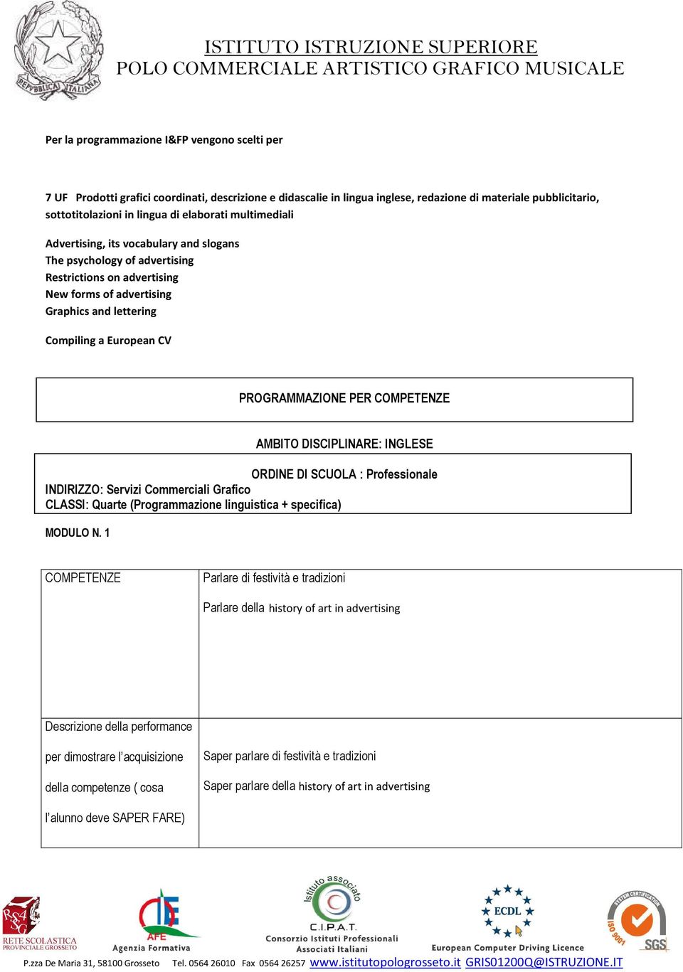 Compiling a European CV PROGRAMMAZIONE PER AMBITO DISCIPLINARE: INGLESE ORDINE DI SCUOLA : Professionale INDIRIZZO: Servizi Commerciali Grafico CLASSI: Quarte (Programmazione
