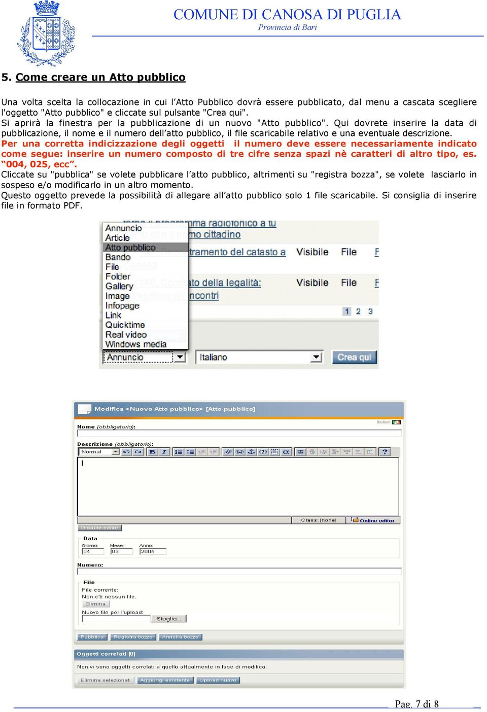 Qui dovrete inserire la data di pubblicazione, il nome e il numero dell atto pubblico, il file scaricabile relativo e una eventuale descrizione.