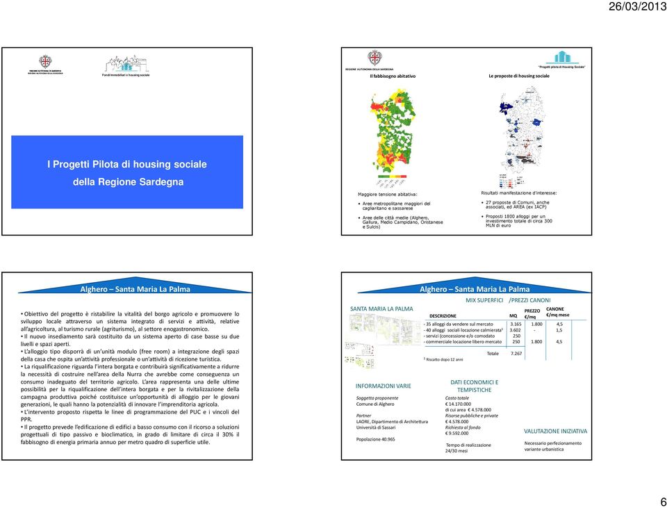 di Comuni, anche associati, ed AREA (ex IACP) Proposti 1800 alloggi per un investimento totale di circa 300 MLN di euro Alghero Santa Maria La Palma Obiettivo del progetto è ristabilire la vitalità