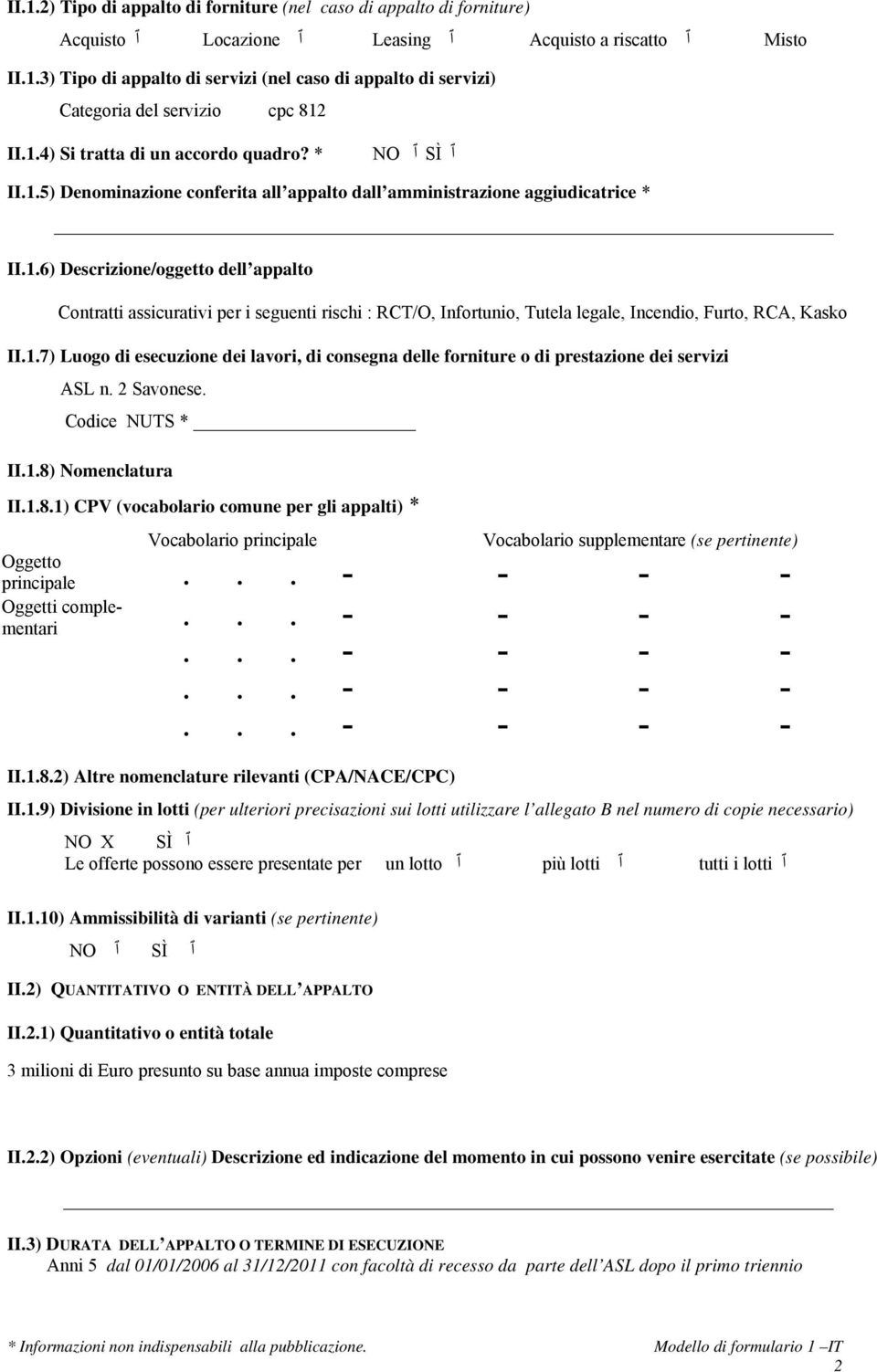 1.7) Luogo di esecuzione dei lavori, di consegna delle forniture o di prestazione dei servizi ASL n. 2 Savonese. Codice NUTS * II.1.8)