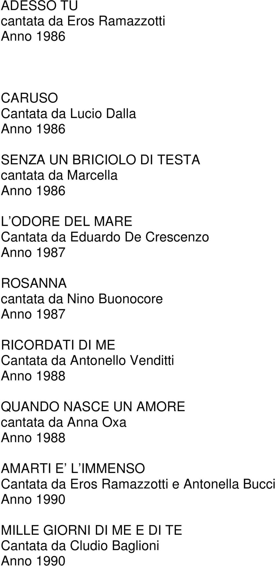 1987 RICORDATI DI ME Cantata da Antonello Venditti Anno 1988 QUANDO NASCE UN AMORE cantata da Anna Oxa Anno 1988 AMARTI E