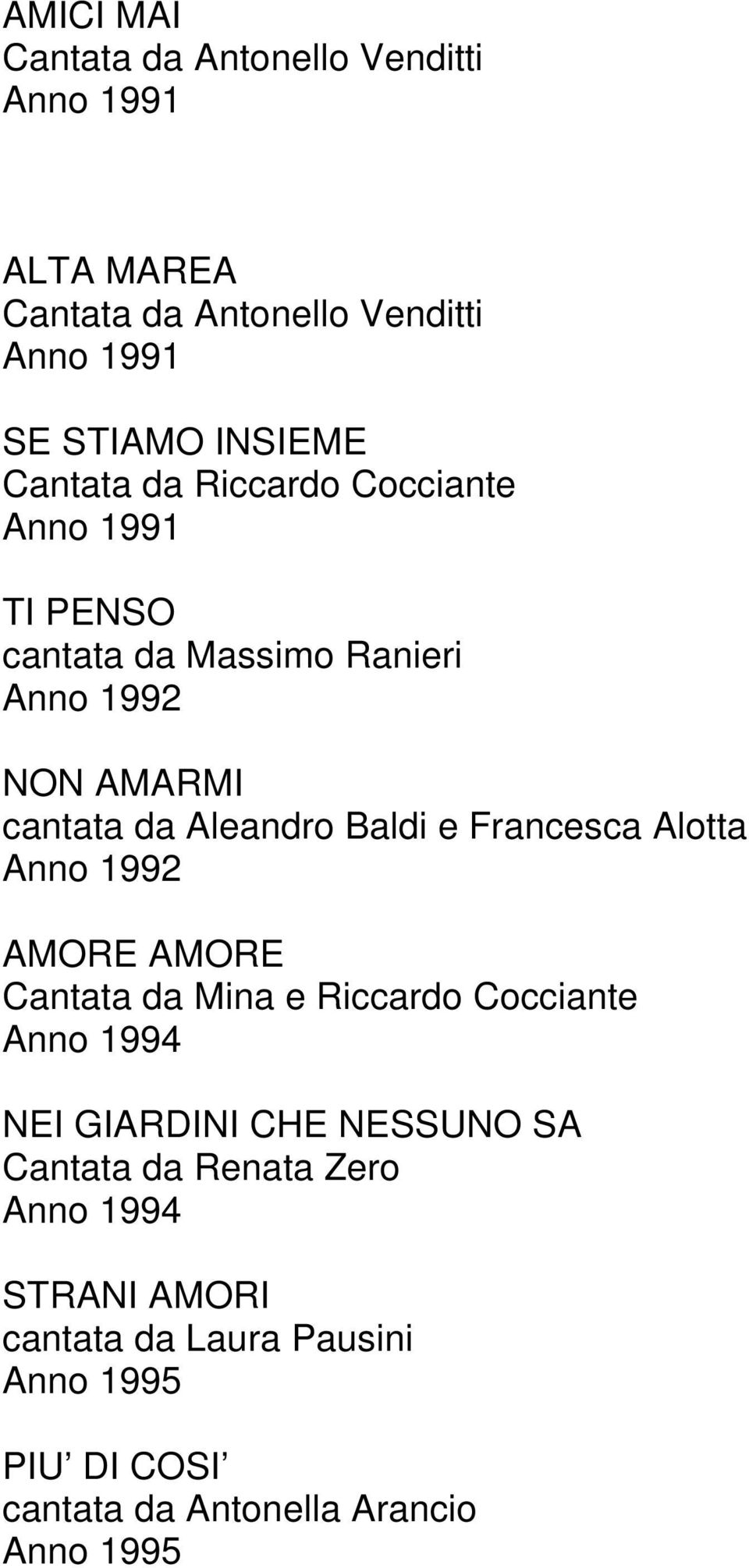 e Francesca Alotta Anno 1992 AMORE AMORE Cantata da Mina e Riccardo Cocciante Anno 1994 NEI GIARDINI CHE NESSUNO SA