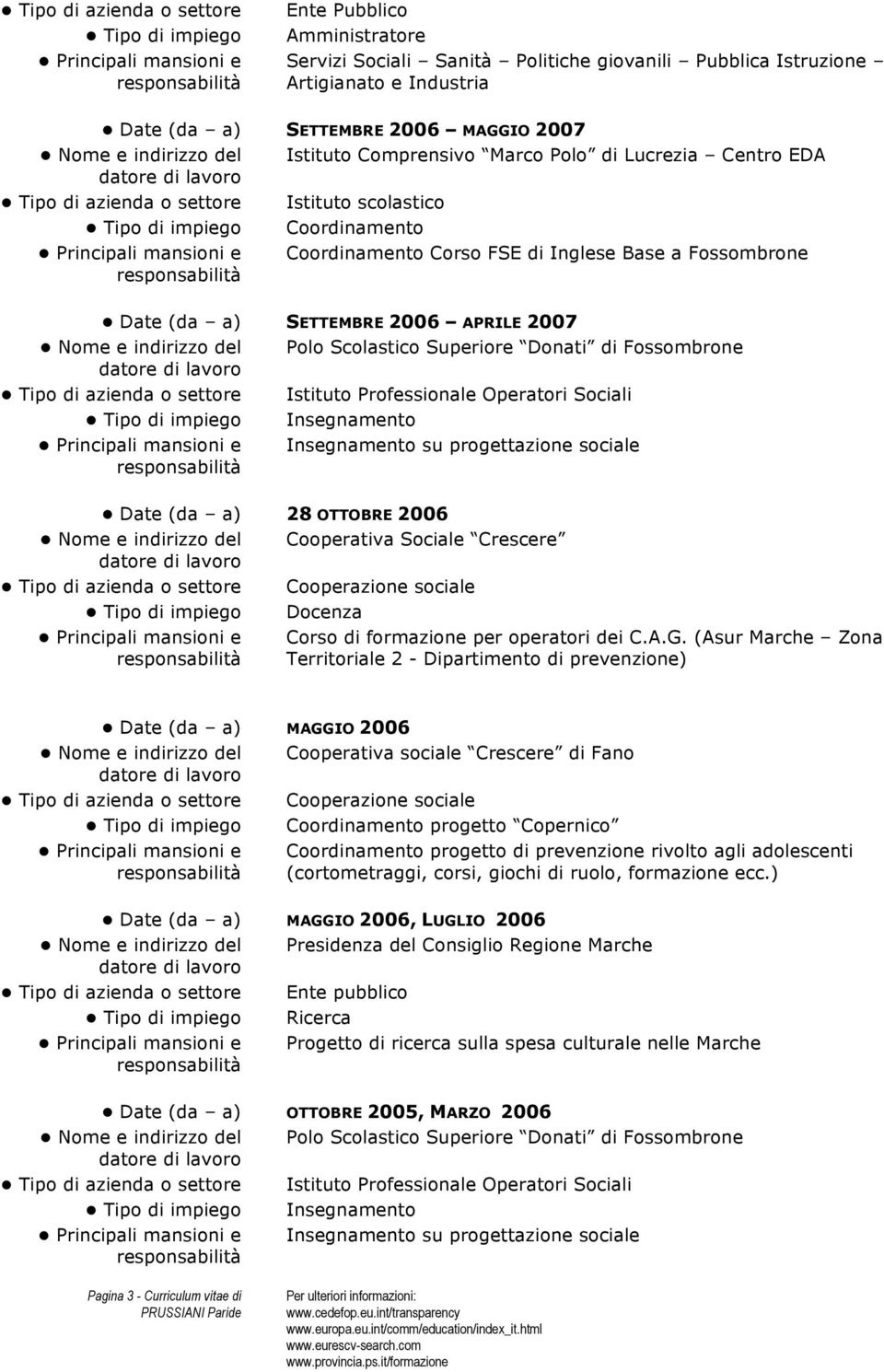 APRILE 2007 Nome e indirizzo del Polo Scolastico Superiore Donati di Fossombrone Tipo di azienda o settore Istituto Professionale Operatori Sociali Insegnamento Insegnamento su progettazione sociale