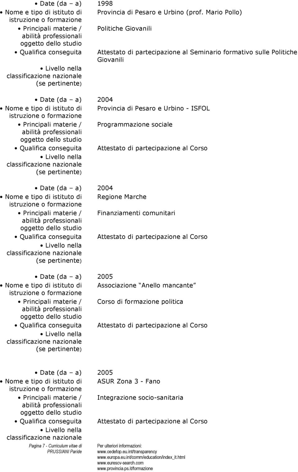 di istituto di Provincia di Pesaro e Urbino - ISFOL Principali materie / Programmazione sociale Date (da a) 2004 Nome e tipo di istituto di Regione Marche Principali materie /