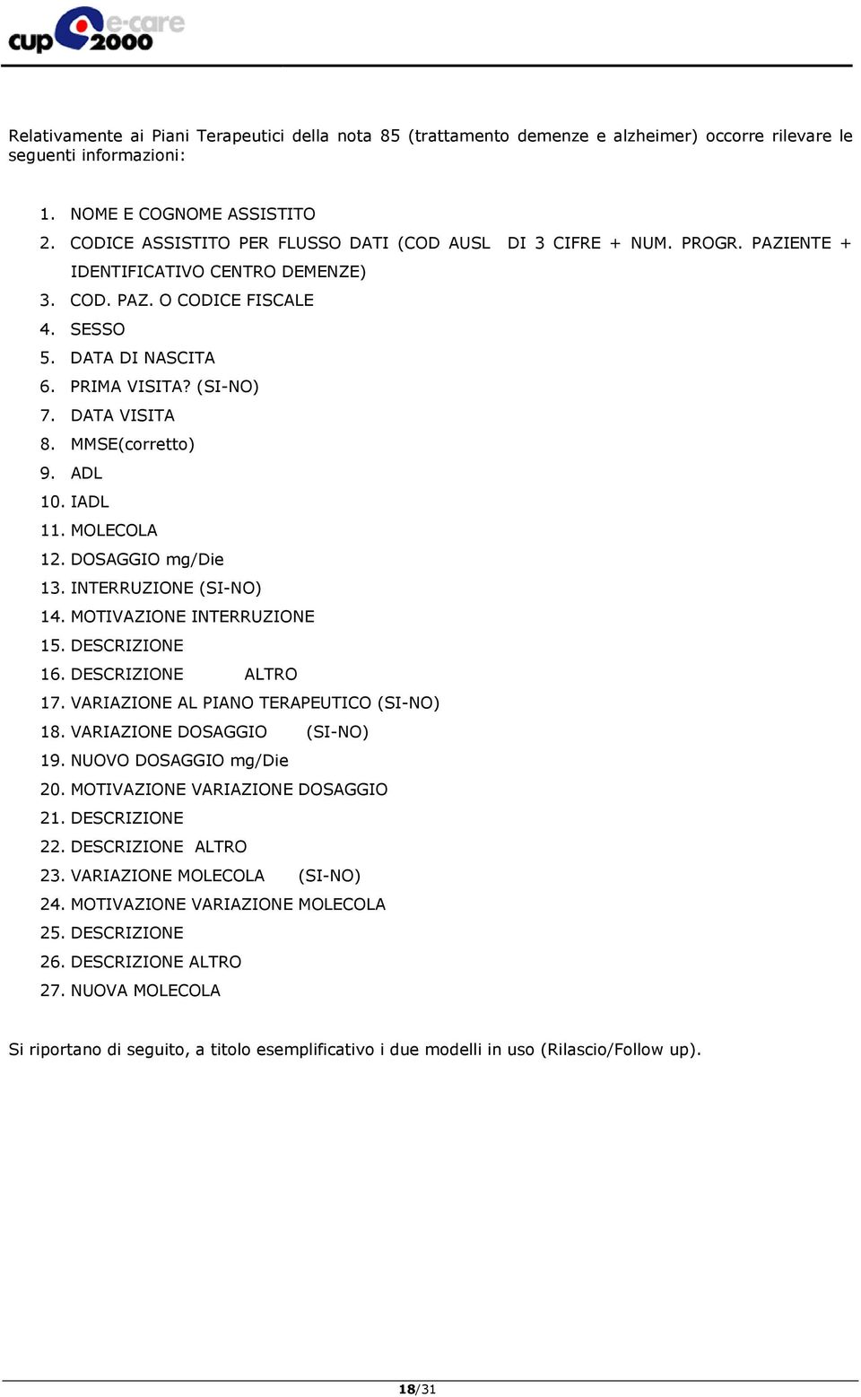 DATA VISITA 8. MMSE(corretto) 9. ADL 10. IADL 11. MOLECOLA 12. DOSAGGIO mg/die 13. INTERRUZIONE (SI-NO) 14. MOTIVAZIONE INTERRUZIONE 15. DESCRIZIONE 16. DESCRIZIONE ALTRO 17.