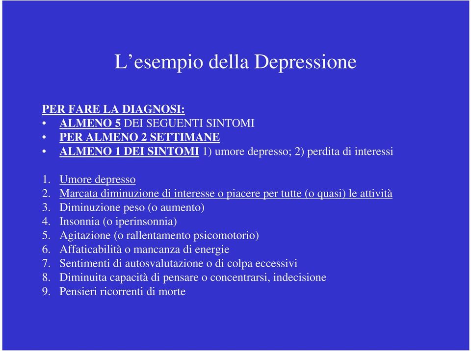 Diminuzione peso (o aumento) 4. Insonnia (o iperinsonnia) 5. Agitazione (o rallentamento psicomotorio) 6.