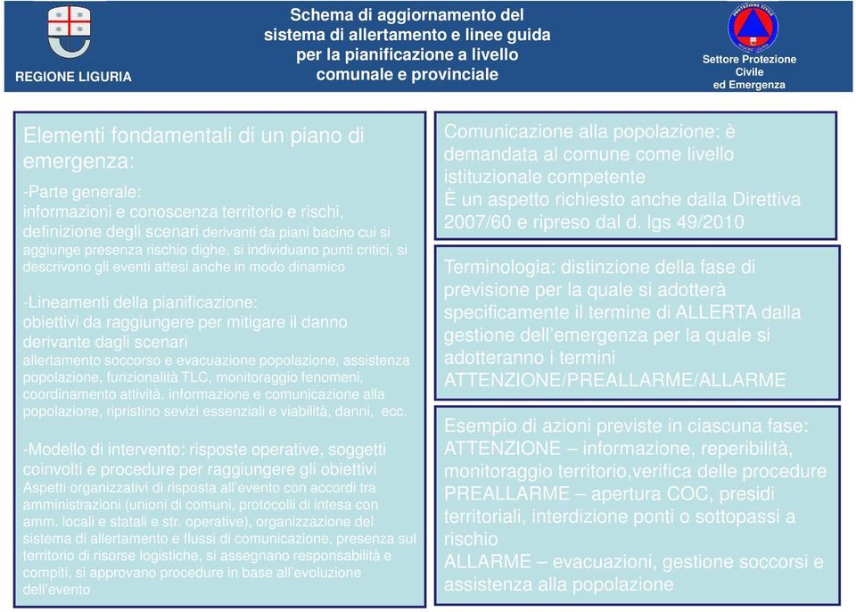 allertamento soccorso e evacuazione popolazione, assistenza popolazione, funzionalità TLC, monitoraggio fenomeni, coordinamento attività, informazione e comunicazione alla popolazione, ripristino