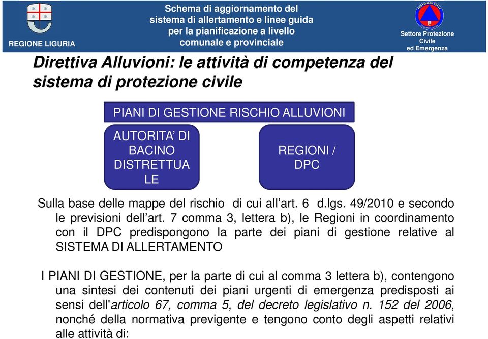 7 comma 3, lettera b), le Regioni in coordinamento con il DPC predispongono la parte dei piani di gestione relative al SISTEMA DI ALLERTAMENTO I PIANI DI GESTIONE, per la parte di