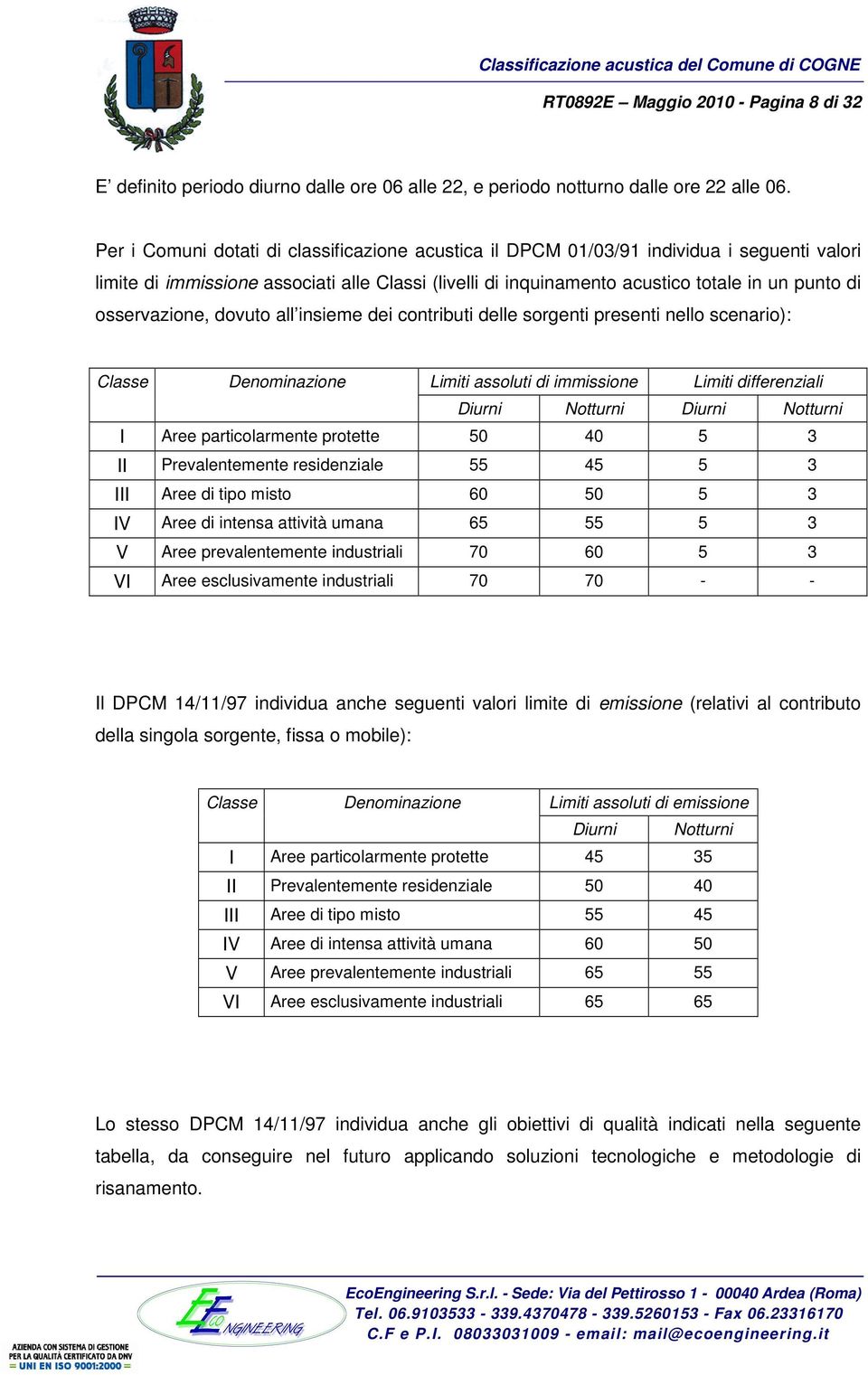 osservazione, dovuto all insieme dei contributi delle sorgenti presenti nello scenario): Classe Denominazione Limiti assoluti di immissione Limiti differenziali Diurni Notturni Diurni Notturni I Aree