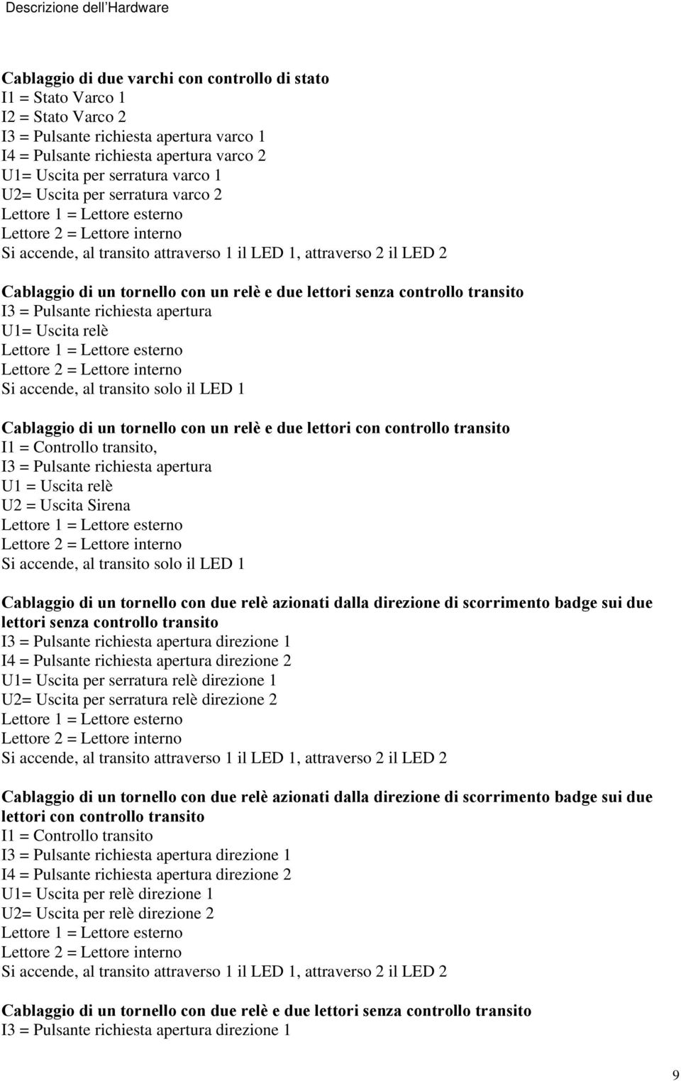 un tornello con un relè e due lettori senza controllo transito I3 = Pulsante richiesta apertura U1= Uscita relè Lettore 1 = Lettore esterno Lettore 2 = Lettore interno Si accende, al transito solo il