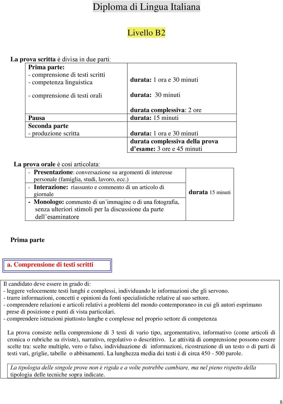 prova orale è così articolata: - Presentazione: conversazione su argomenti di interesse personale (famiglia, studi, lavoro, ecc.