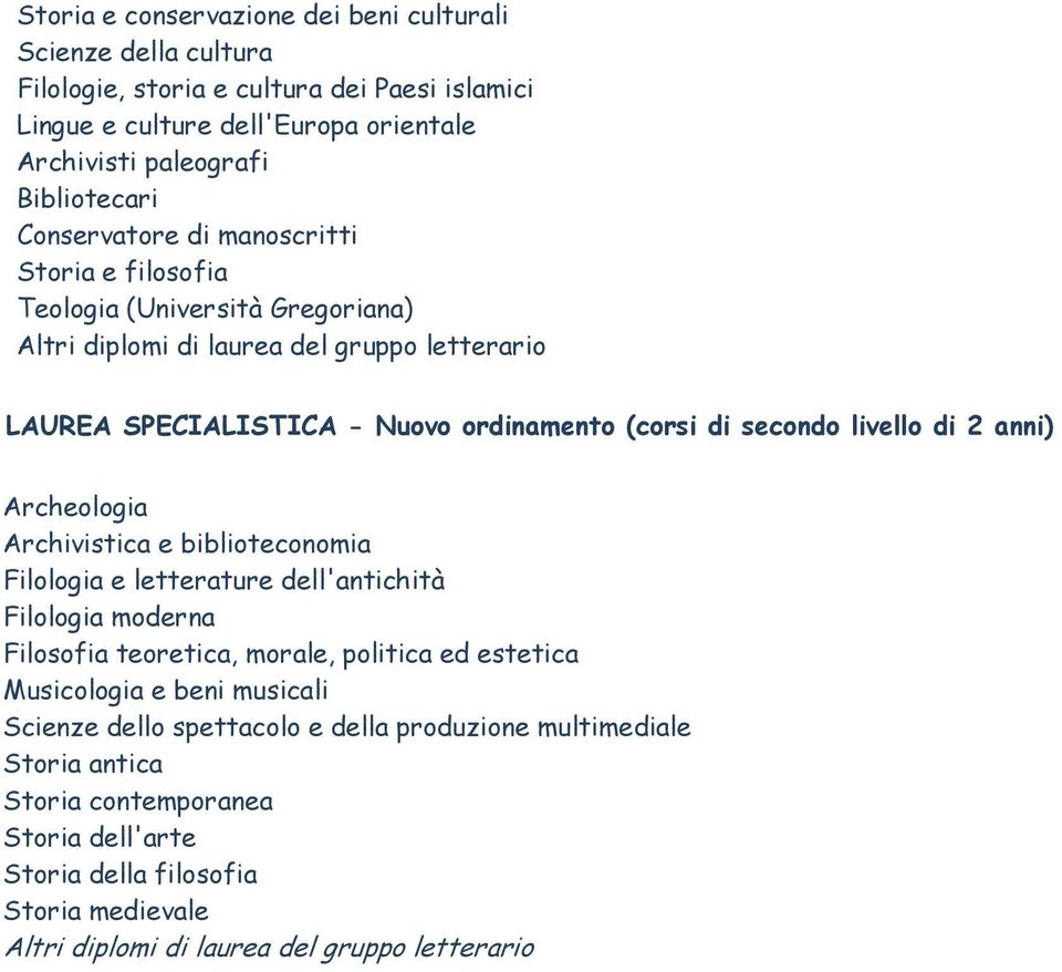 livello di 2 anni) Archeologia Archivistica e biblioteconomia Filologia e letterature dell'antichità Filologia moderna Filosofia teoretica, morale, politica ed estetica Musicologia e beni