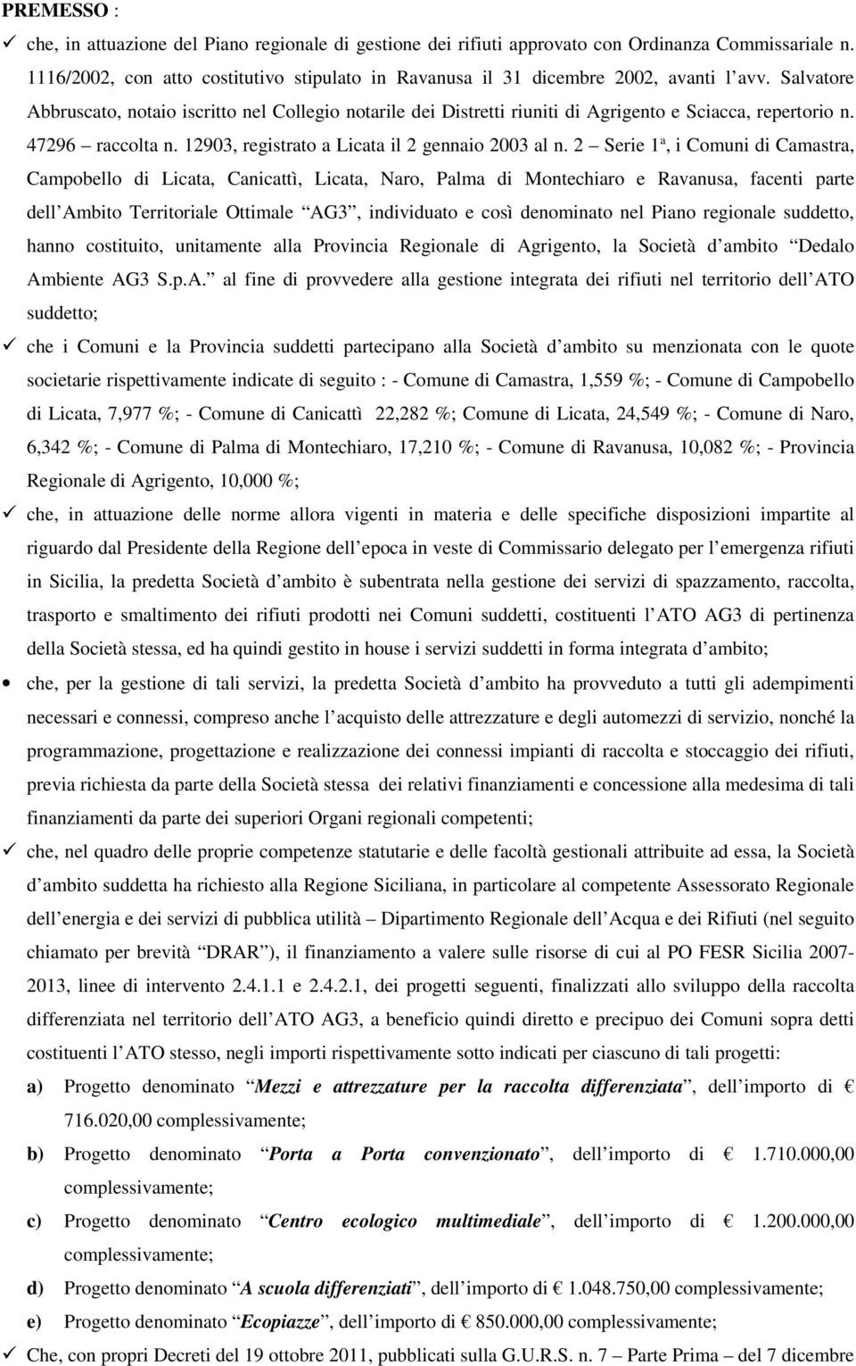 Salvatore Abbruscato, notaio iscritto nel Collegio notarile dei Distretti riuniti di Agrigento e Sciacca, repertorio n. 47296 raccolta n. 12903, registrato a Licata il 2 gennaio 2003 al n.