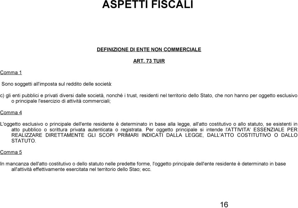 oggetto esclusivo o principale l'esercizio di attività commerciali; Comma 4 L'oggetto esclusivo o principale dell'ente residente è determinato in base alla legge, all'atto costitutivo o allo statuto,