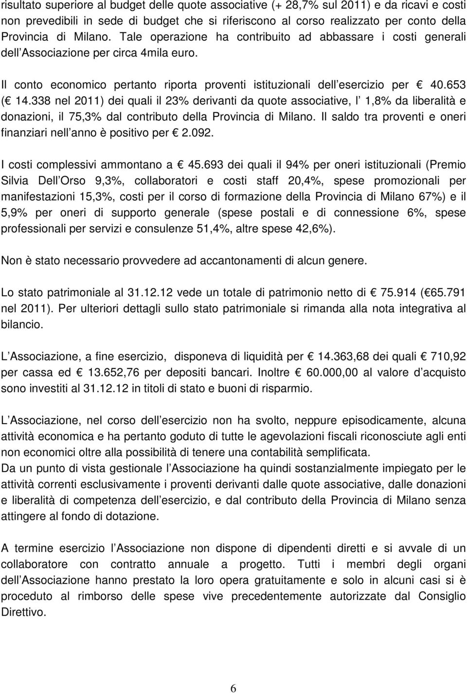 338 nel 2011) dei quali il 23% derivanti da quote associative, l 1,8% da liberalità e donazioni, il 75,3% dal contributo della Provincia di Milano.