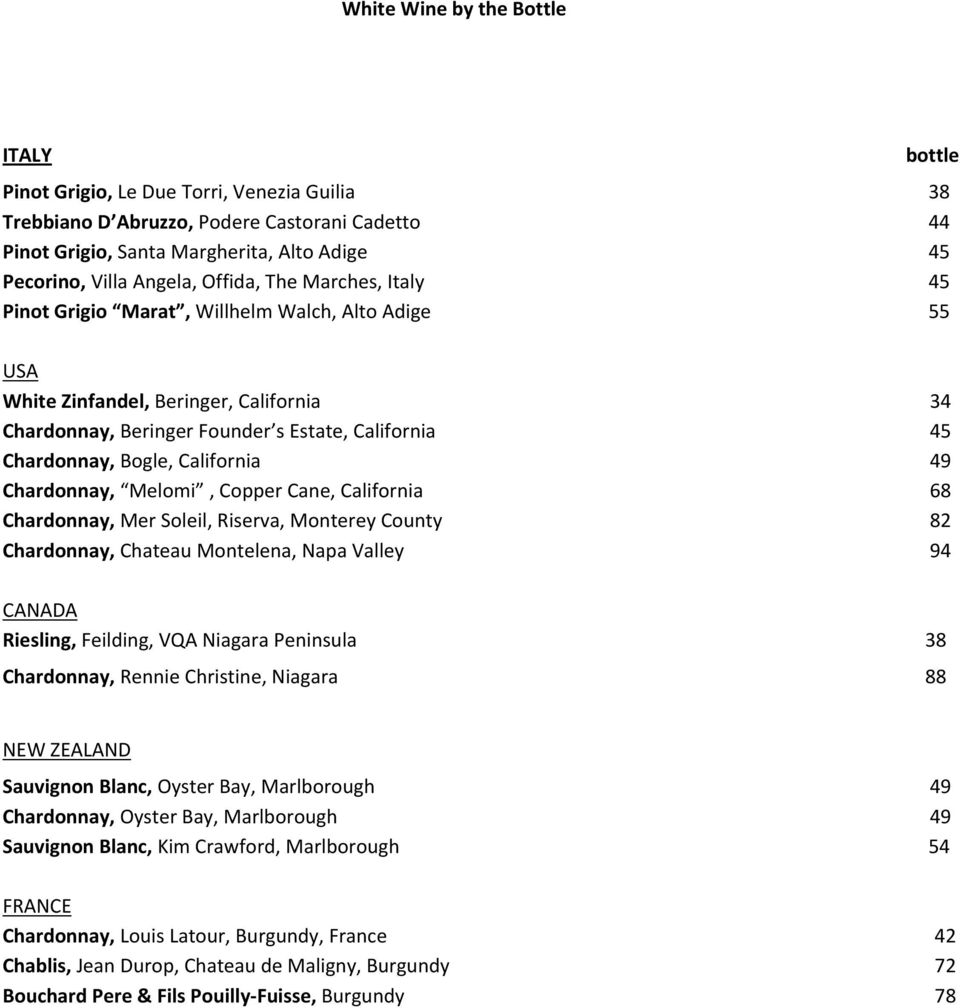 Melomi, Copper Cane, California Chardonnay, Mer Soleil, Riserva, Monterey County Chardonnay, Chateau Montelena, Napa Valley CANADA Riesling, Feilding, VQA Niagara Peninsula Chardonnay, Rennie