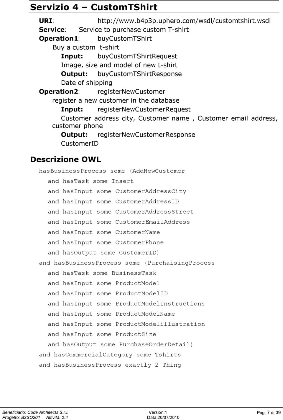 Date of shipping Operation2: registernewcustomer register a new customer in the database Input: registernewcustomerrequest Customer address city, Customer name, Customer email address, customer phone