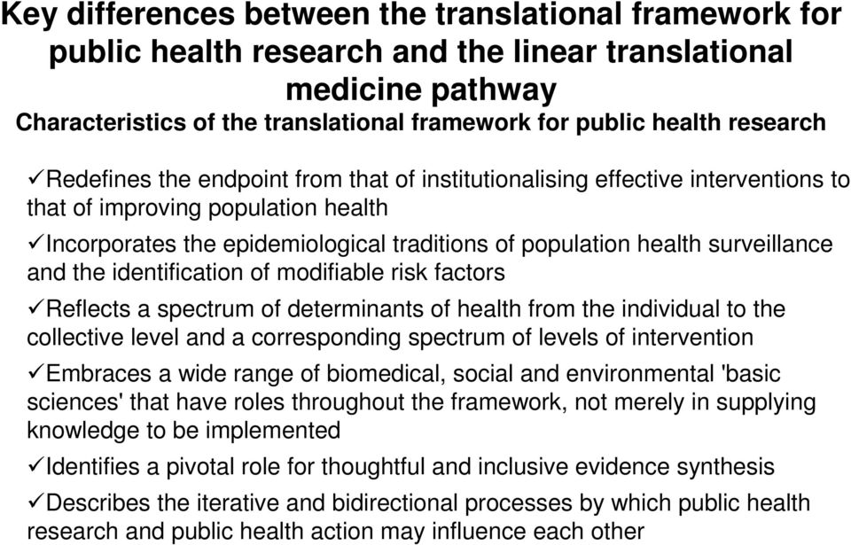 the identification of modifiable risk factors Reflects a spectrum of determinants of health from the individual to the collective level and a corresponding spectrum of levels of intervention Embraces