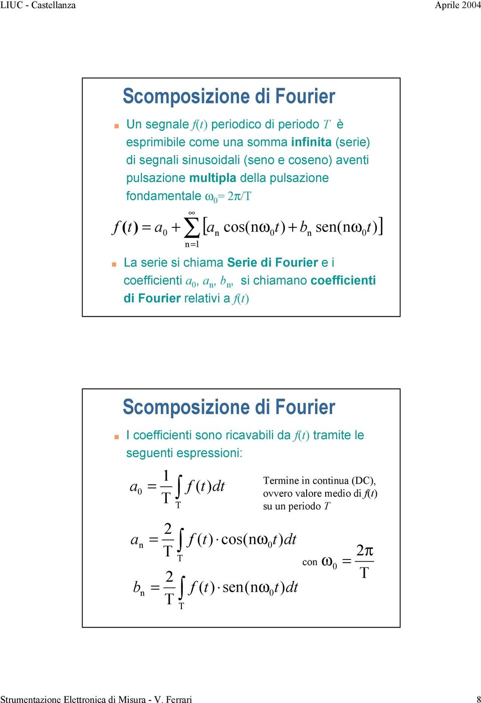 di Fourir rlativi a f(t) Scoposizio di Fourir I cofficiti soo ricavabili da f(t) trait l sguti sprssioi: a a = f t 0 ( ) T T b = 2 dt f ( t) cos(ω t