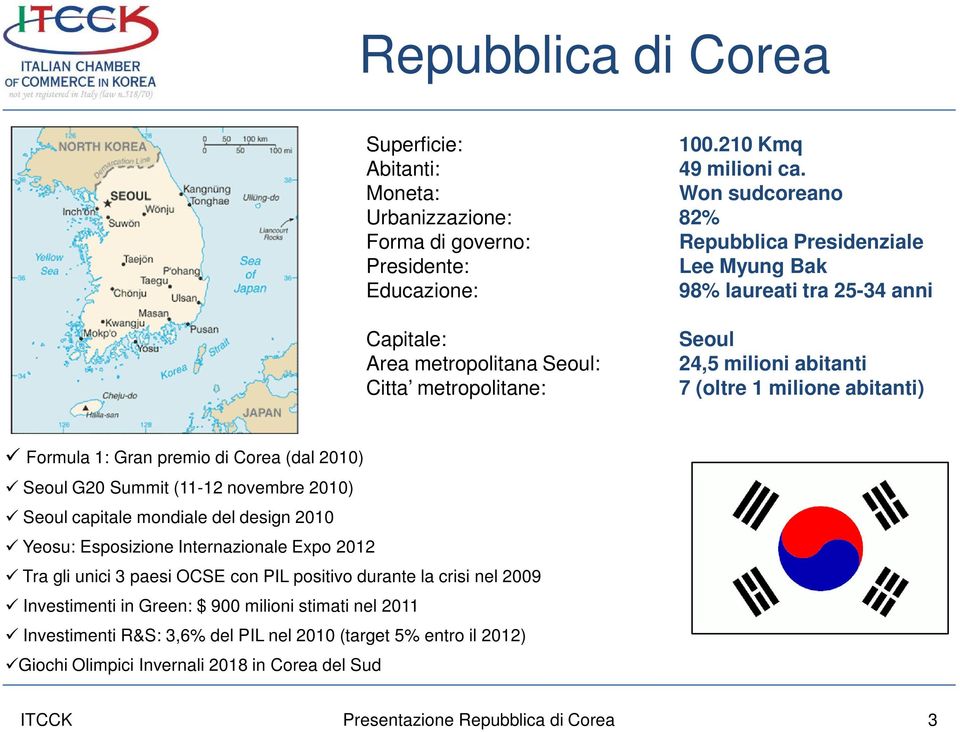 metropolitane: Seoul 24,5 milioni abitanti 7 (oltre 1 milione abitanti) Formula 1: Gran premio di Corea (dal 2010) Seoul G20 Summit (11-12 novembre 2010) Seoul capitale mondiale del design 2010