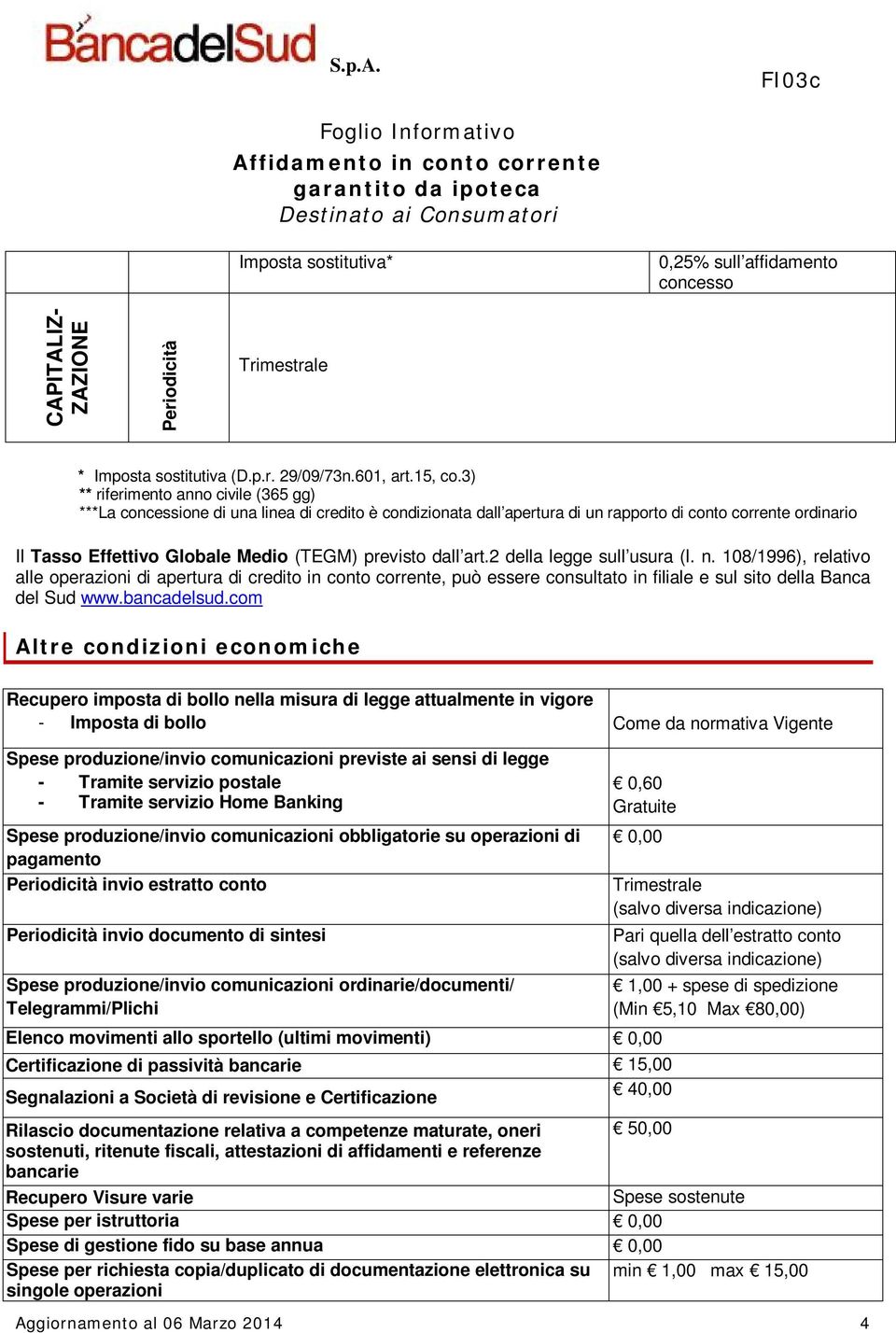 previsto dall art.2 della legge sull usura (l. n. 108/1996), relativo alle operazioni di apertura di credito in conto corrente, può essere consultato in filiale e sul sito della Banca del Sud www.