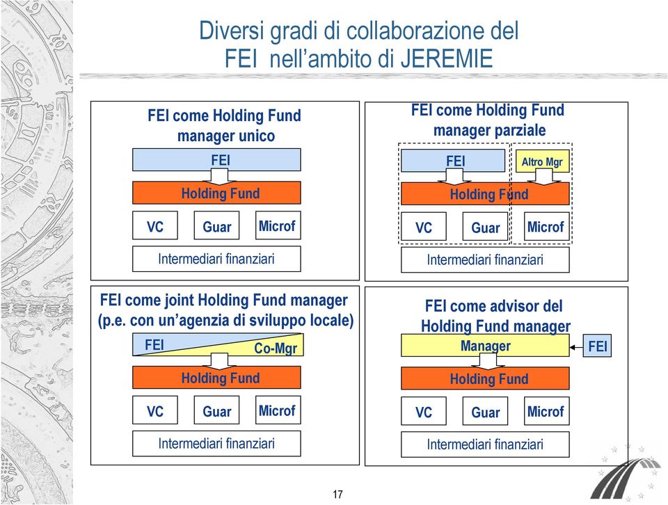 mediari finanziari FEI come joint Holding Fund manager (p.e. con un agenzia di sviluppo locale) FEI Holding Fund VC Guar