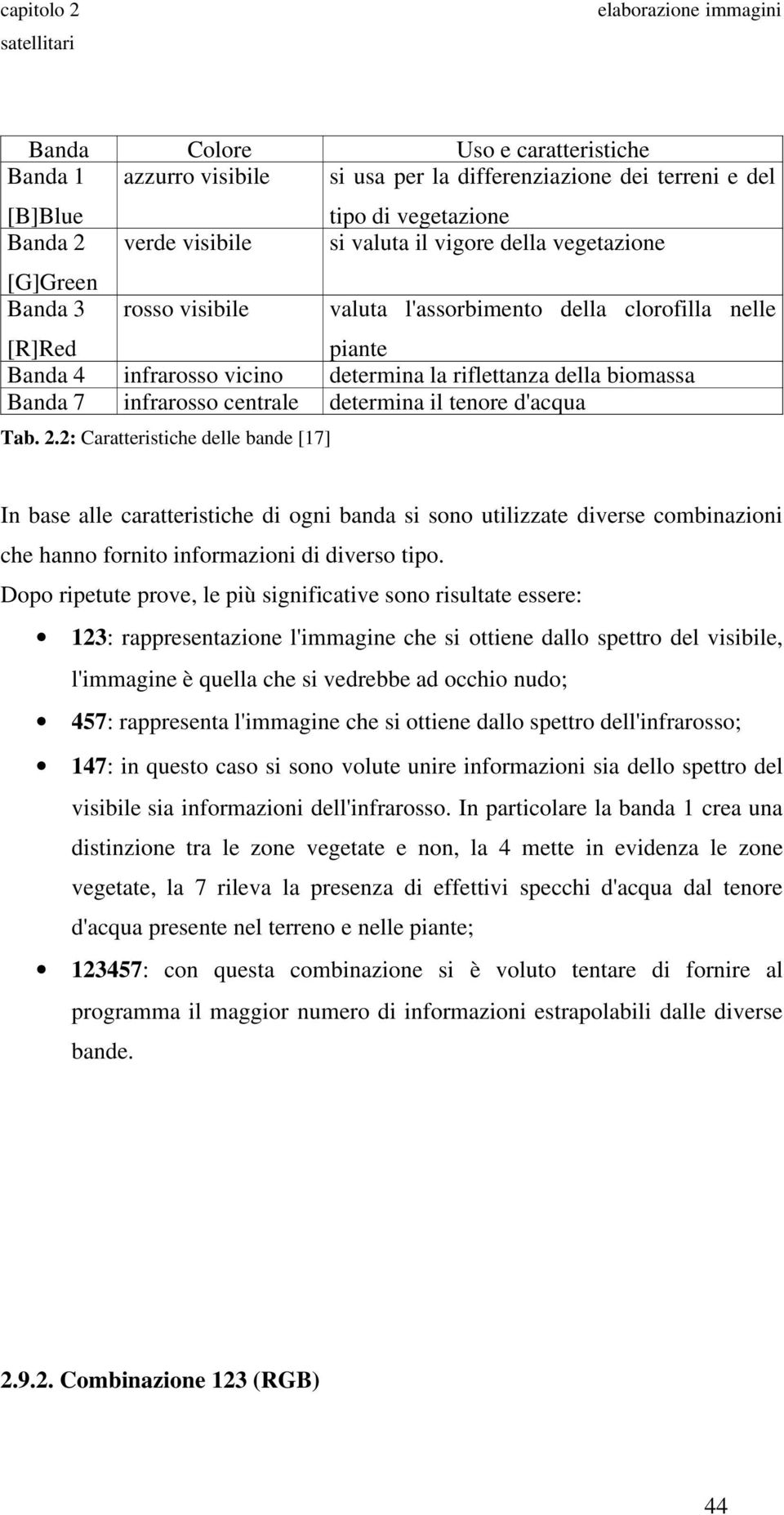 tenore d'acqua Tab. 2.2: Caratteristiche delle bande [17] In base alle caratteristiche di ogni banda si sono utilizzate diverse combinazioni che hanno fornito informazioni di diverso tipo.