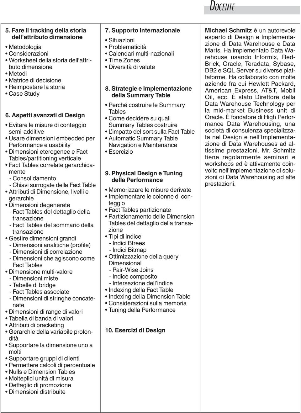 Aspetti avanzati di Design Evitare le misure di conteggio semi-additive Usare dimensioni embedded per Performance e usability Dimensioni eterogenee e Fact Tables/partitioning verticale Fact Tables