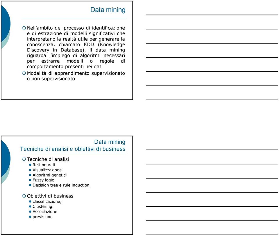 preseti ei dati Modalità di appredimeto supervisioato o o supervisioato miig Teciche di aalisi e obiettivi di busiess Teciche di aalisi Reti