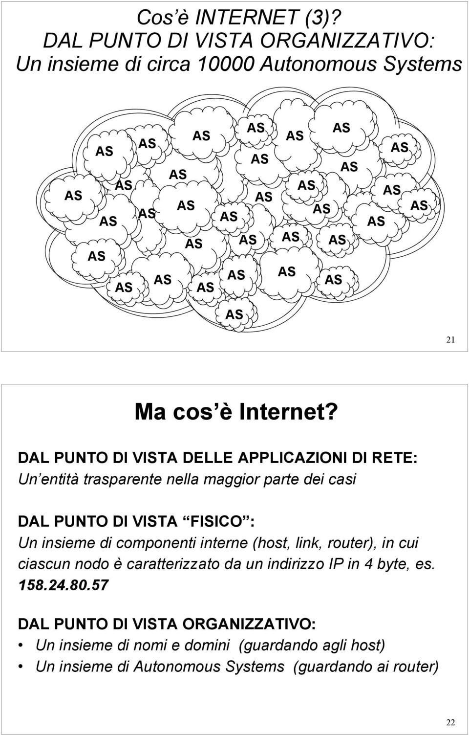 insieme di componenti interne (host, link, router), in cui ciascun nodo è caratterizzato da un indirizzo IP in 4 byte, es. 158.24.