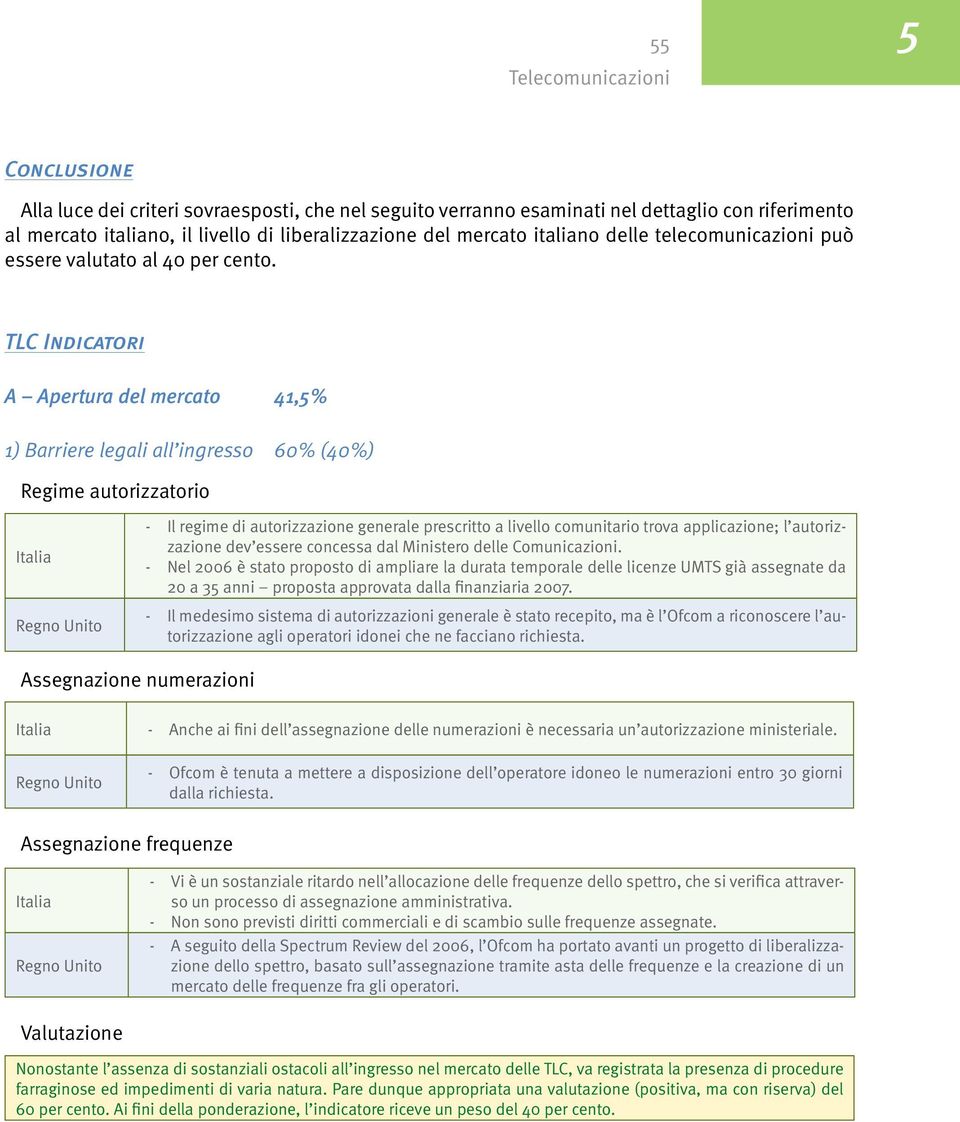 TLC Indicatori A Apertura del mercato 41,5% 1) Barriere legali all ingresso 60% (40%) Regime autorizzatorio - Il regime di autorizzazione generale prescritto a livello comunitario trova applicazione;