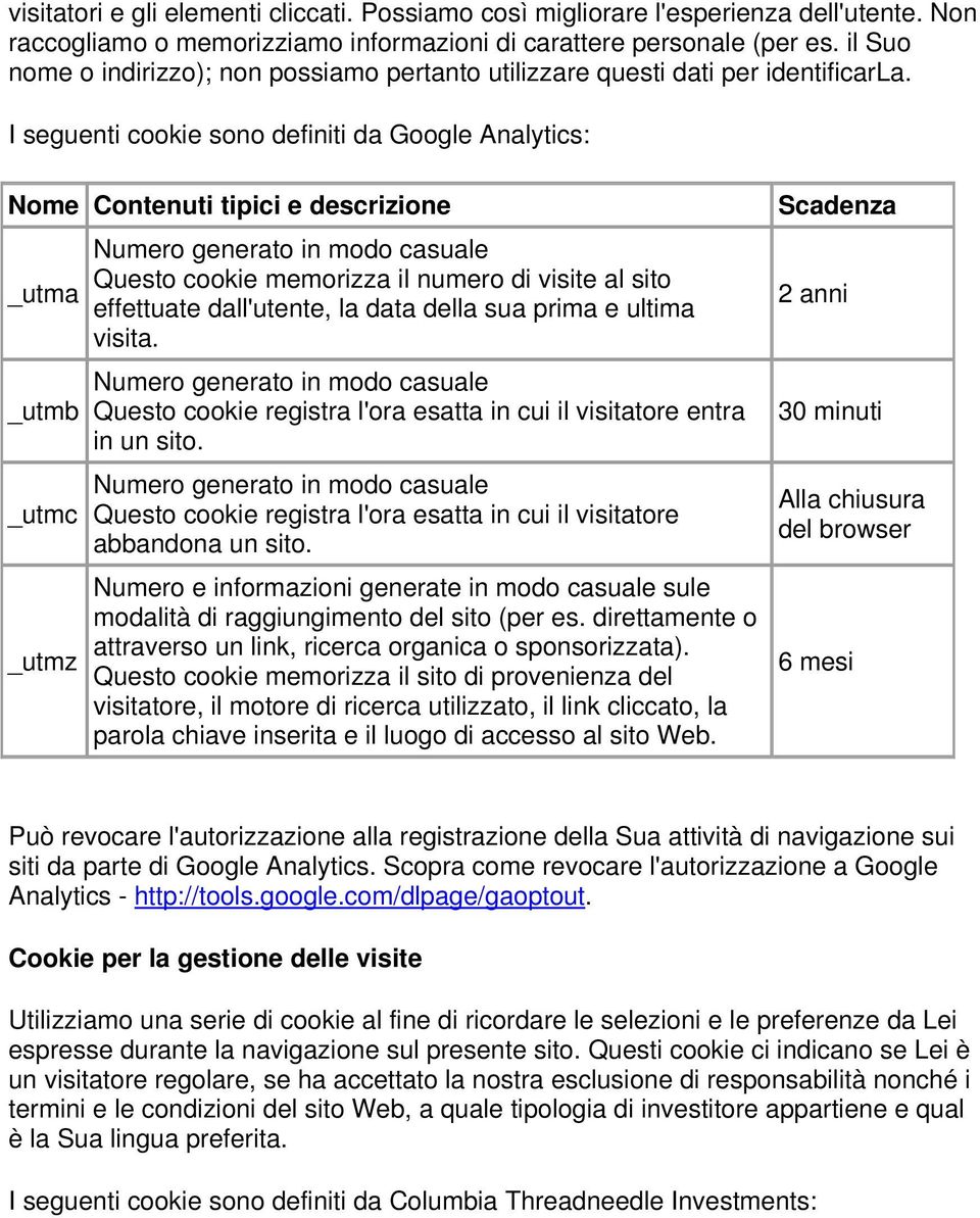 I seguenti cookie sono definiti da Google Analytics: Nome Contenuti tipici e descrizione _utma _utmb _utmc _utmz Questo cookie memorizza il numero di visite al sito effettuate dall'utente, la data