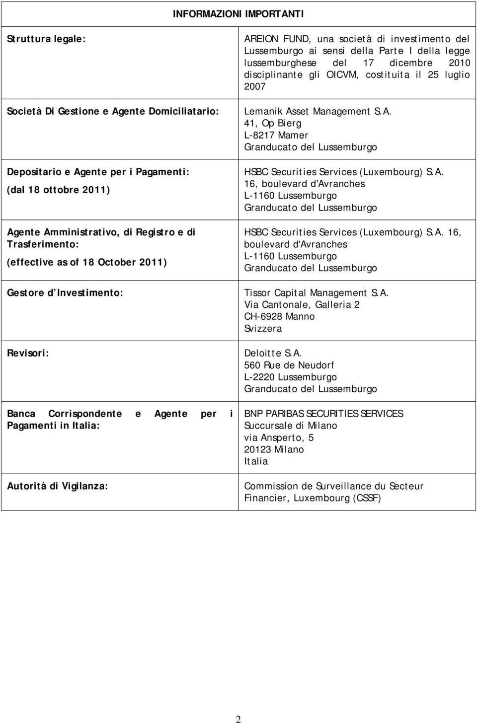 ai sensi della Parte I della legge lussemburghese del 17 dicembre 2010 disciplinante gli OICVM, costituita il 25 luglio 2007 Lemanik As