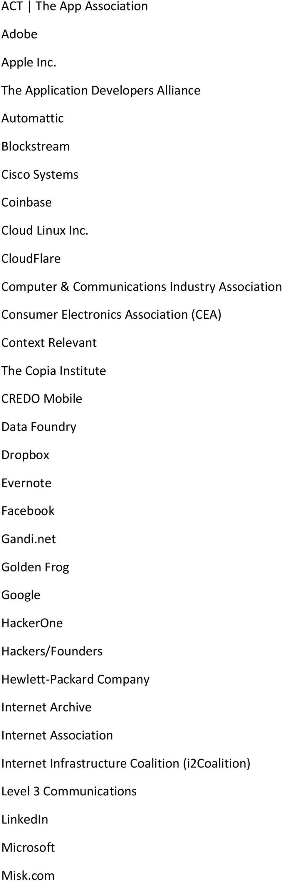 CloudFlare Computer & Communications Industry Association Consumer Electronics Association (CEA) Context Relevant The Copia Institute