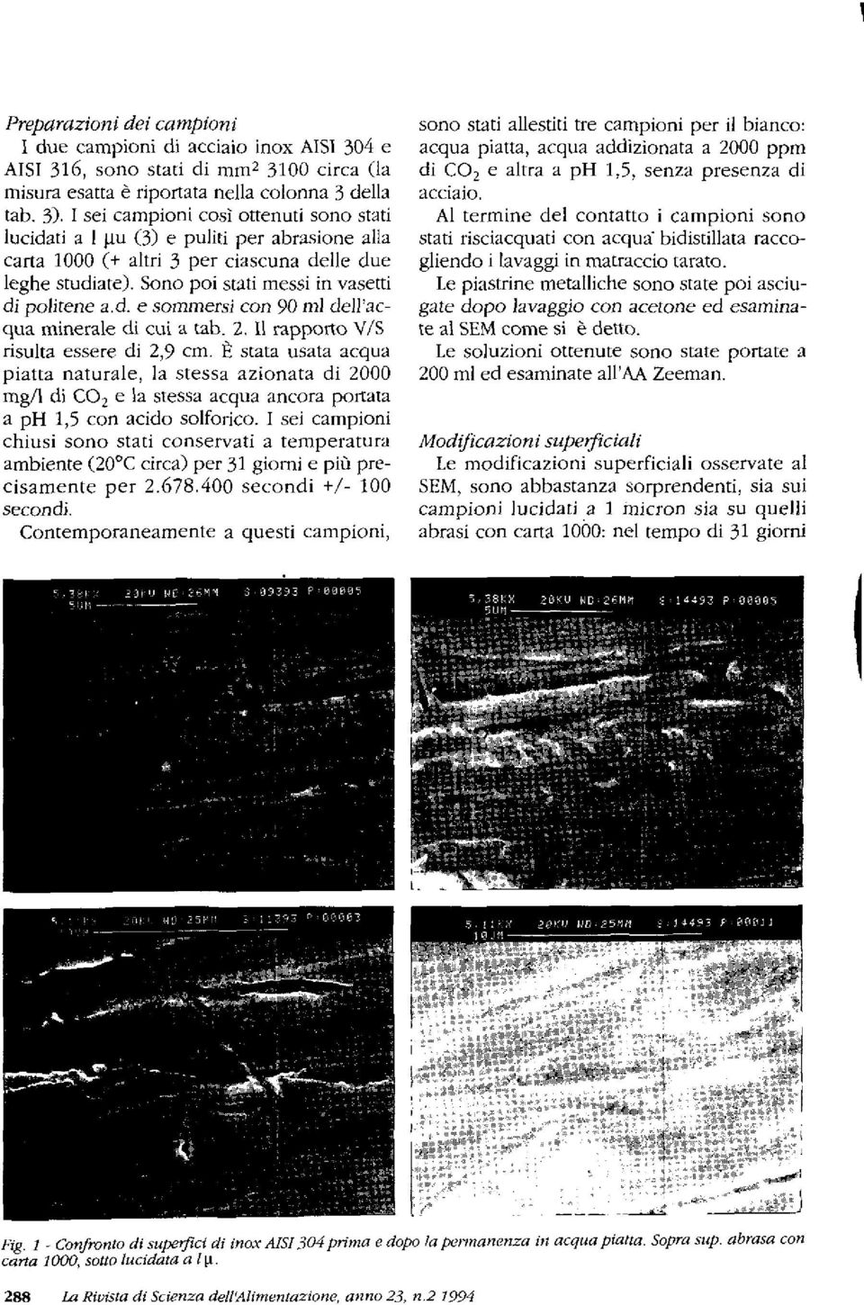 2. Il rapporto V/S risulta essere di 2,9 cm, È stata usata acqua piatta naturale, la stessa azionata di 2000 mg/1 di CO 2 e la stessa acqua ancora portata a ph 1,5 con acido solforico.