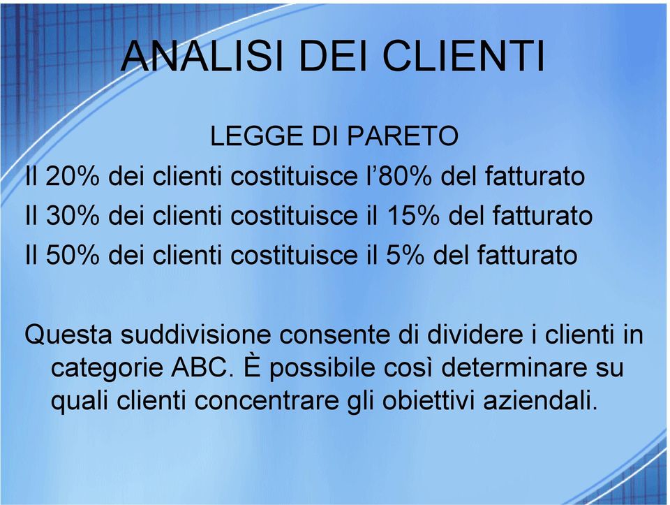 costituisce il 5% del fatturato Questa suddivisione consente di dividere i clienti in