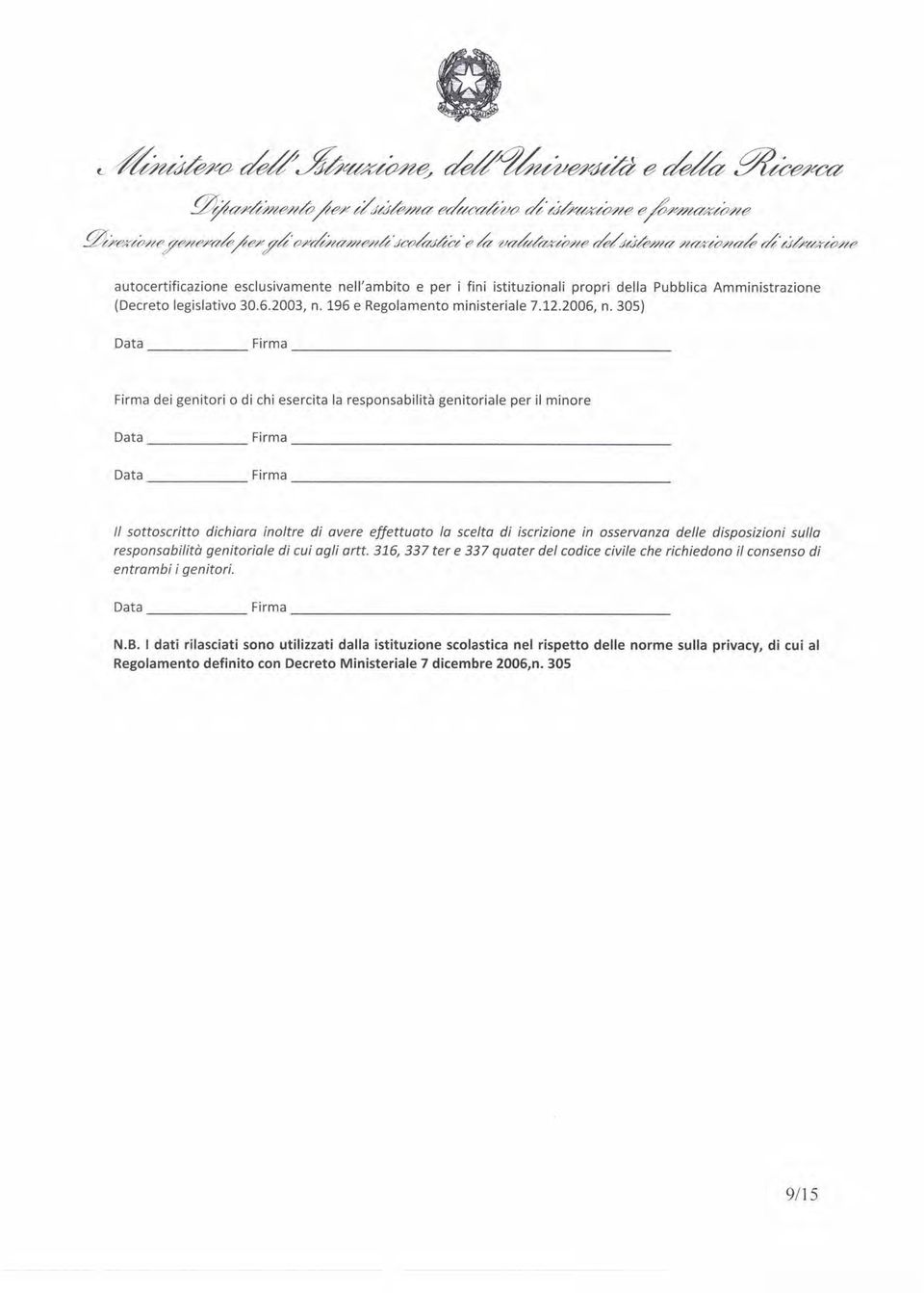 305) Data Firma Firma dei genitori o di chi esercita la responsabilità genitoriale per il minore Data Firma Data Firma /I sottoscritto dichiara inoltre di avere effettuato la scelta di iscrizione in