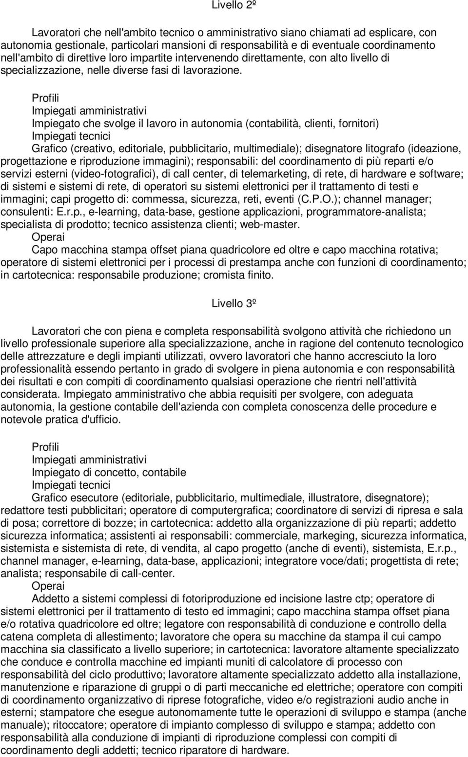 Profili Impiegati amministrativi Impiegato che svolge il lavoro in autonomia (contabilità, clienti, fornitori) Impiegati tecnici Grafico (creativo, editoriale, pubblicitario, multimediale);