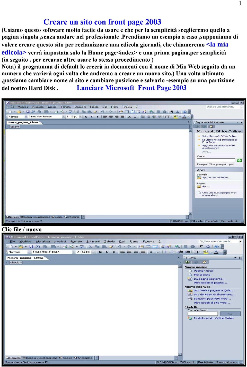 pagina,per semplicità (in seguito, per crearne altre usare lo stesso procedimento ) Nota) il programma di default lo creerà in documenti con il nome di Mio Web seguito da un numero che varierà ogni