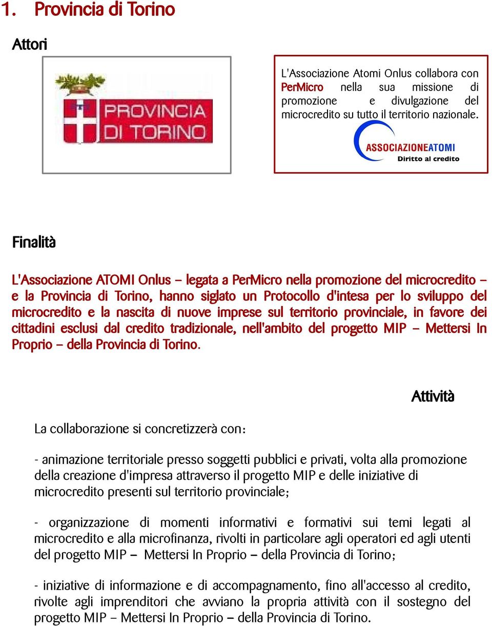 nuove imprese sul territorio provinciale, in favore dei cittadini esclusi dal credito tradizionale, nell'ambito del progetto MIP Mettersi In Proprio della Provincia di Torino.