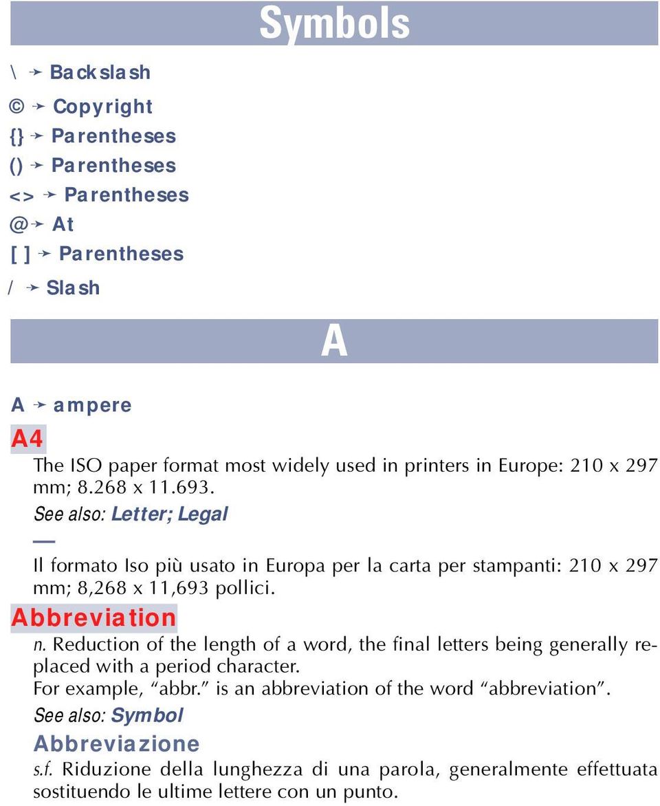 See also: Letter; Legal Il formato Iso più usato in Europa per la carta per stampanti: 210 x 297 mm; 8,268 x 11,693 pollici. Abbreviation n.